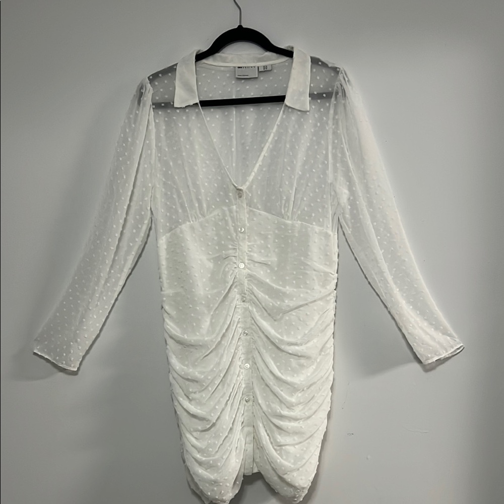 Chic White Ruched Dress with Sheer Sleeves - Picture 6 of 13